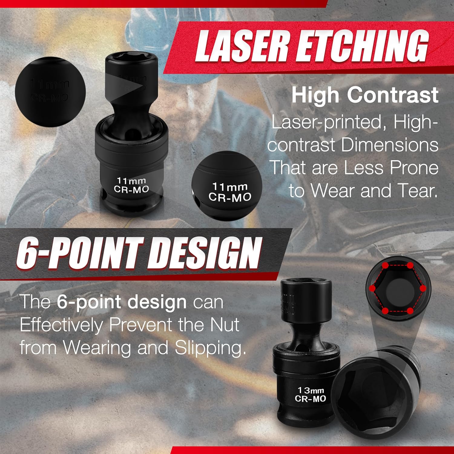 15PCS 3/8" Drive Shallow Universal Impact Socket Set,Swivel Socket Set,Metric Flexible Wobble Sockets, CR-MO,8-22mm, 6 Point