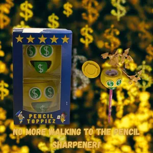 Pencil Toppiez! Premium Quality Money Face Emoji Multipurpose Pencil Topper - Eraser | Pencil Sharpener | Shavings Storage | Foam Stress Relieving Fidget Ball for Kids, Teens, & Adults (pack of 2)