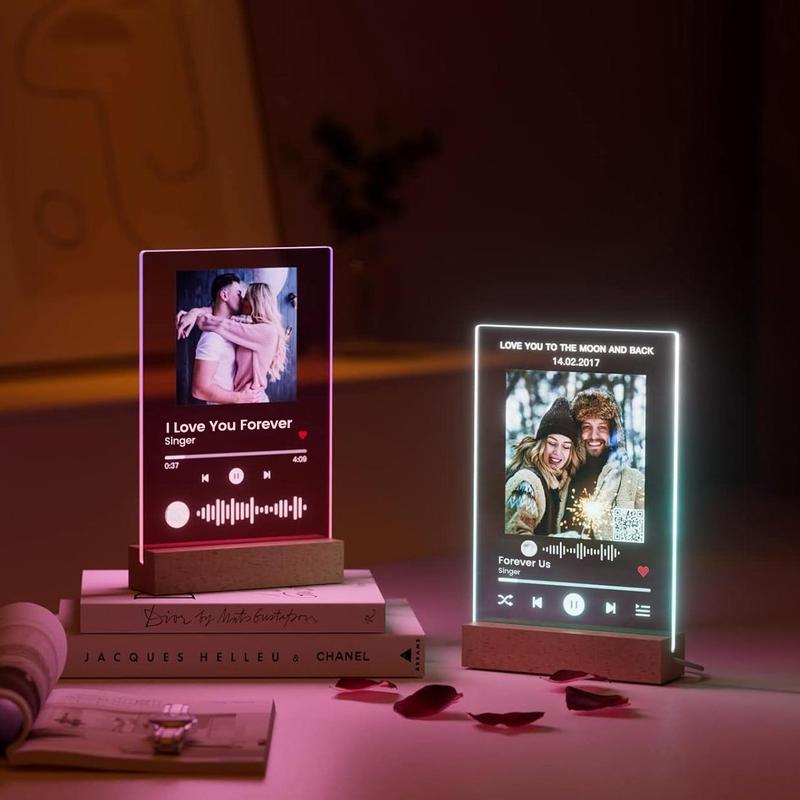 Custom Music Plaque Picture Frame with LED Night Light, Acrylic Song Plaque, Personalized Anniversary Couples Gifts for Women & Men, Unique Valentine's Day Gifts from favor photo, Turn Photo and Song into Art Pieces