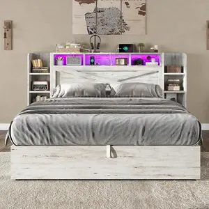 Lift-Up Storage  Frame  45.1" LED Lights, Bookcase Headboard & Charging Station – Farmhouse Wood Platform   2 Side Shelves, No Box Spring Needed bed king size Nightstand with