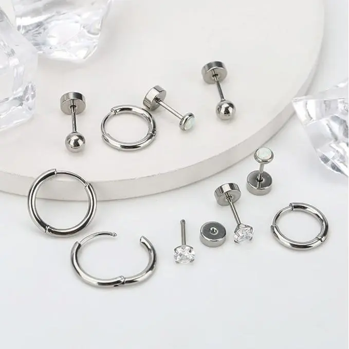 Jstyle 8 Pairs Surgical Steel Earrings for Sensitive Ears Hypoallergenic 20G Stainless Steel Stud Hoop Earrings for Women Men Small Opal Ball CZ Surgical Steel Flat Back Earrings Cartilage Earrings Jewelry