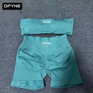 DFYNE Thin Strap Bandeau & Shorts Set – Seamless, High Stretch, Breathable Open Back Yoga Suit for Women
