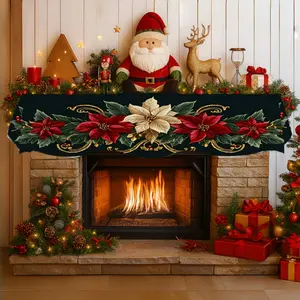 1Pcs fireplace decoration scarf, decorated with gold and red flower patterns, suitable for Christmas fireplace decoration and holiday home scene decoration