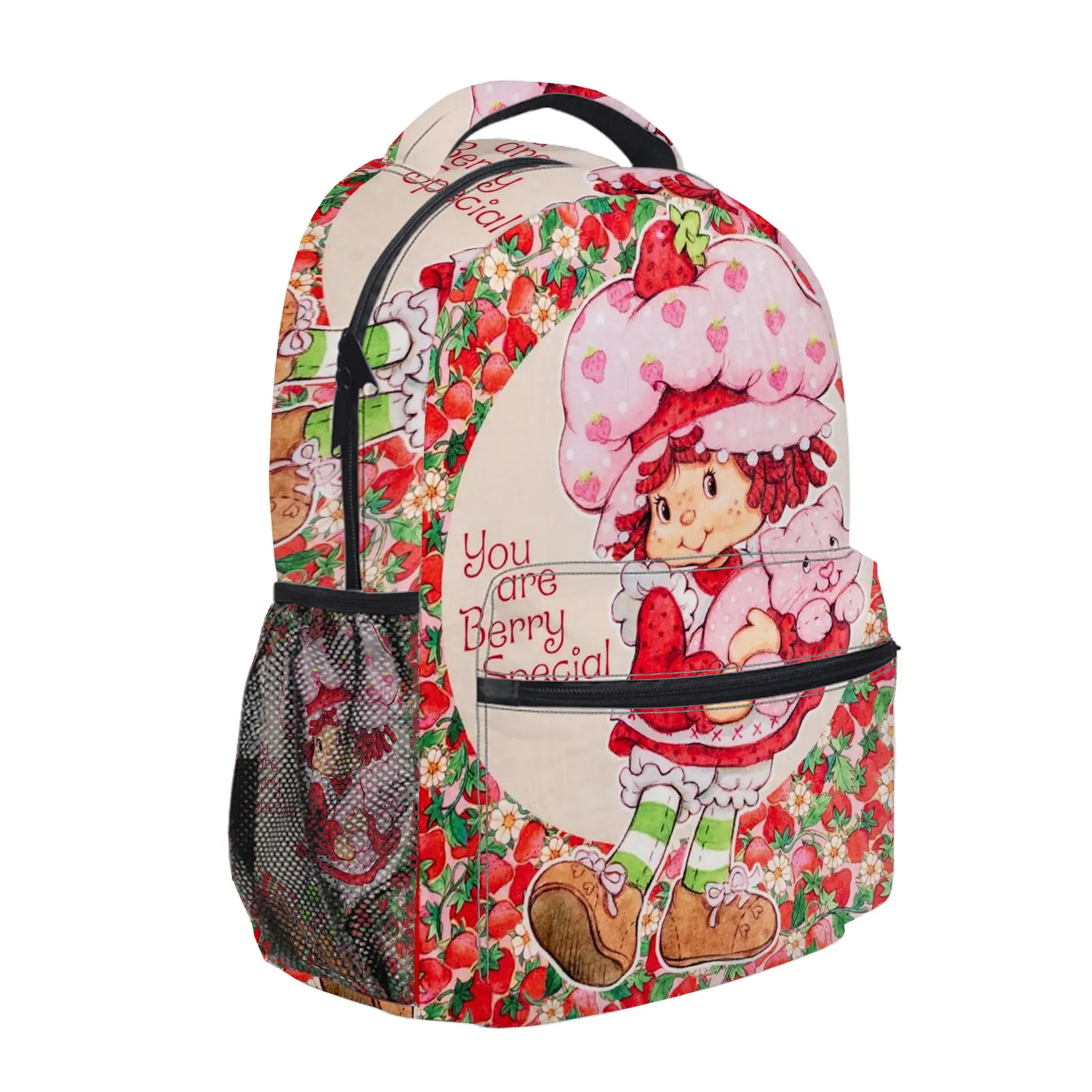 Strawberry Shortcake Backpack for Girls, Y2K Fashion School Bag with Mesh Side Pockets, Aesthetic Cartoon Bookbag for Teens, Kids Lightweight Travel Daypack for Back to School b-215