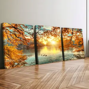 3-Piece Wood Framed Canvas Art Set, Autumn Lake Scene Modern Home Decor, Artistic Home Decor, Fashionable Living Room Wall Art, Art Wall Decoration, Artwork, Waterproof High-Definition Print