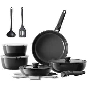 16 count Ceramic Pots and Pans Set Non Stick, Nonstick Kitchen Cookware Set with Detachable Handle, Non ,  PFOA & PTFE Free, RV Cookware Set for Camping, Dishwasher/Oven Safe (Black)