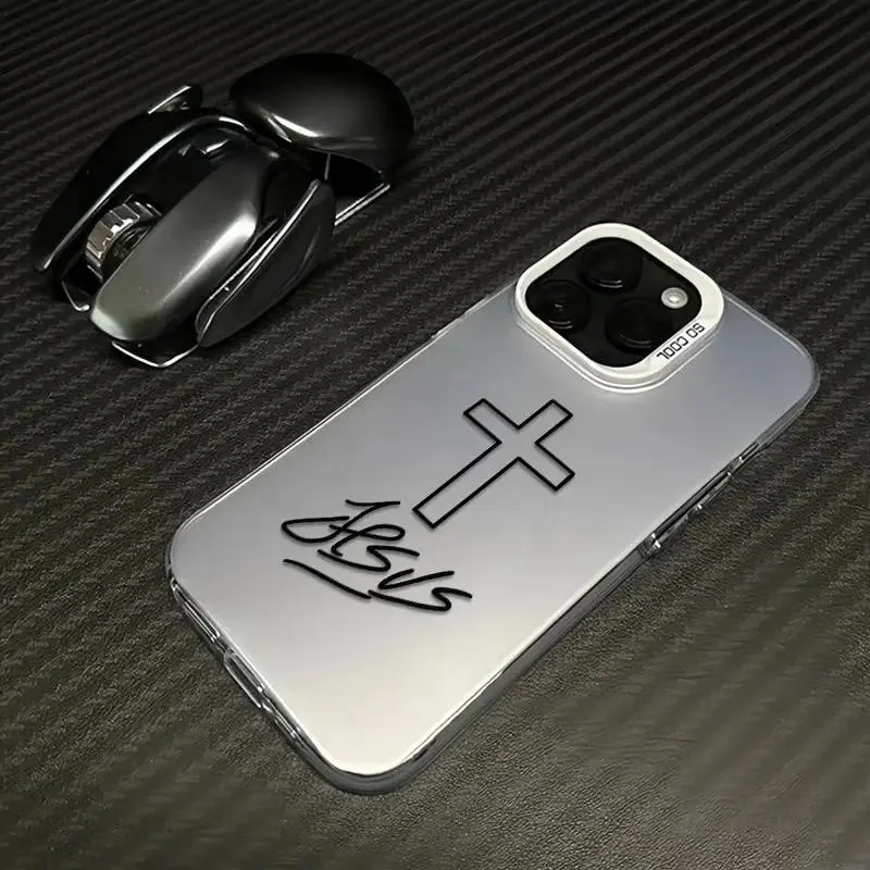 Durable Shockproof TPU & Polycarbonate Laser Craft Mobile Phone Case - Simple Cross & Jesus Print, Casing with Protection for iPhone 1,12-17 Pro Max, Air, Plus Smartphone Accessories