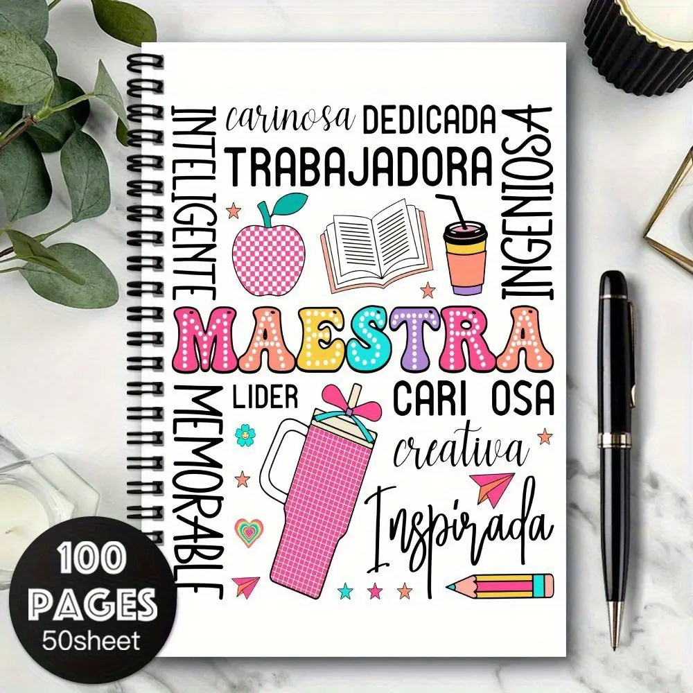 1 Pack of Spanish Teacher's Notebooks, Notebook Journal - Classroom Planner with Spanish Appreciation Information (Female Teacher/Professor Title), Educational Icons - Marble Design, Pink, Yellow, Green, Blue - Female/Male Teacher Gifts