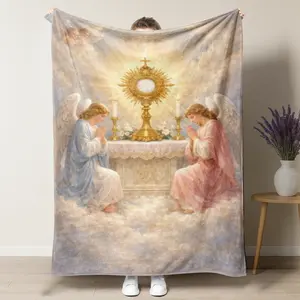 Catholic Eucharist Adoration Angel Throw Blanket, Soft Polyester Flannel Lightweight Durable Religious Prayer Blanket, Machine Washable for Sofa Bed, Sweet Home Decor Devotional Gift for Faithful Believers