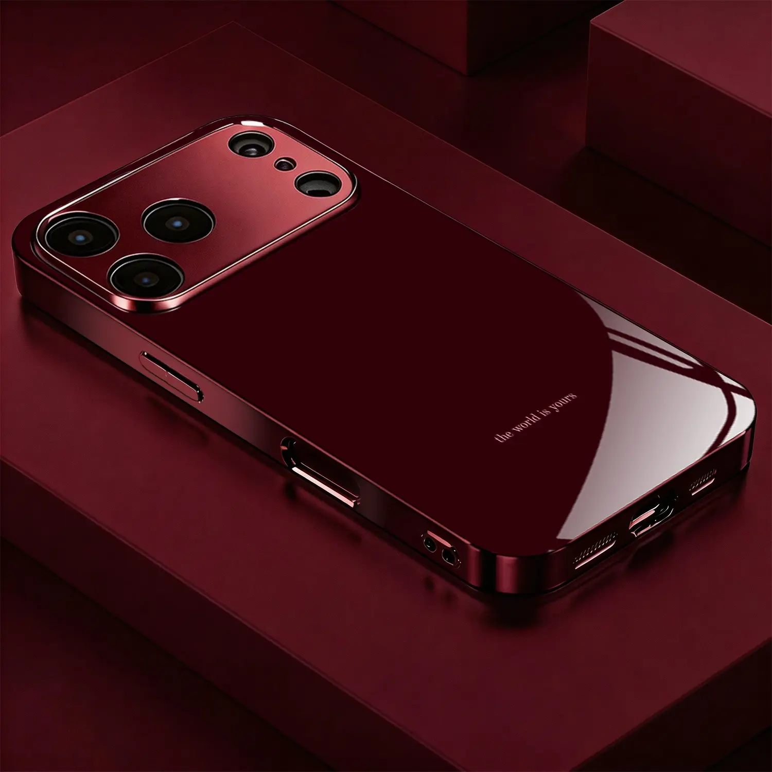 Phone Case - The World Is Your Pattern Electroplated Burgundy New Phone Case Glass Protective Cover Suitable for iPhone 18/17/16/15/14/13/12/11 and Samsung Galaxy S26/S25/S24/S23 A series, Fashionable Aesthetic 995