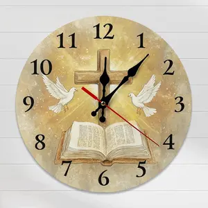 10/12‘’ Christian Cross Bible Dove Wall Clock - Silent Religious Faith Decor Clock, Wooden Clock for Home, Church, Prayer Room