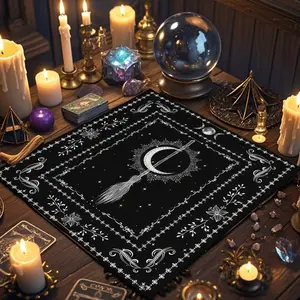 Mysterious Witchcraft Ritual Pattern Rectangle Tablecloth, 1 Count Tarot Card Tablecloth, Altar Cloth Decorated with Moon Phases and Magic Brooms, Card Game Card Pad