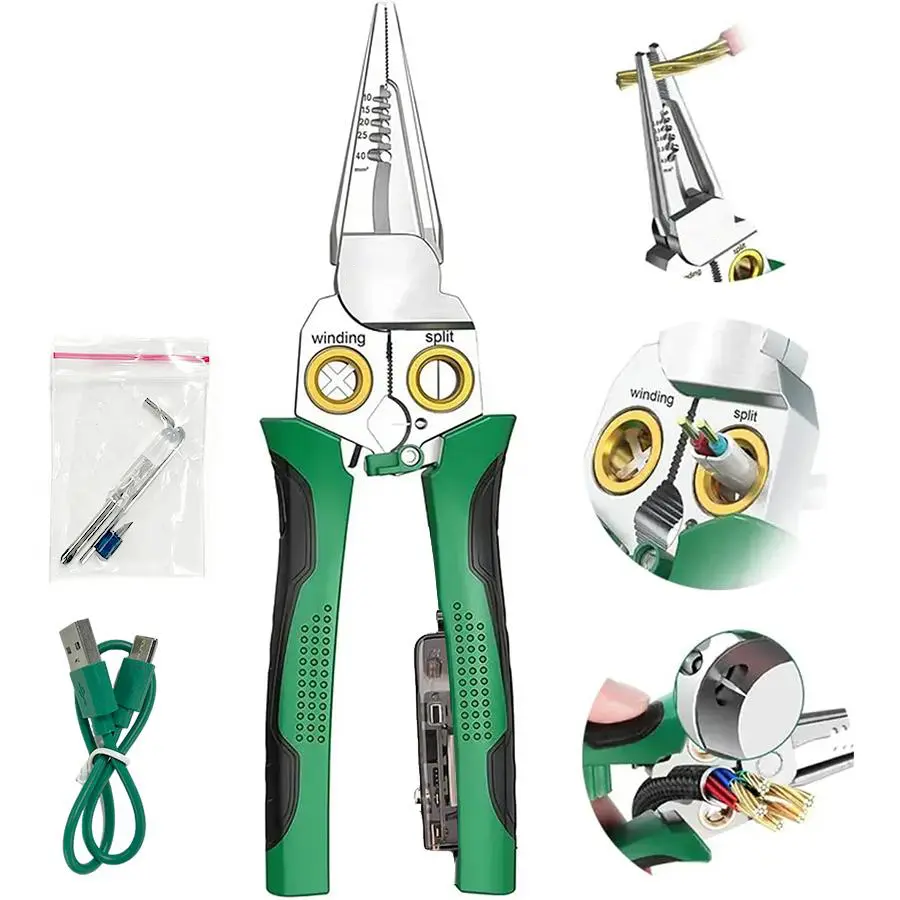 Upgraded Rechargeable 8 in 1 Wire Stripper Twister for Cutting and Pulling Wires, Cable Scissors,Voltage Tester Pliers, 12V to 250V Live,Null,Hot Wire Judgment AC DC, Audible and Flashing LED Alarms Diy Tools Tool Kit Set Hand Tools Wirecutters