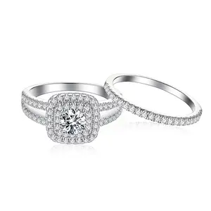 Round Cut Gemstone Double Halo Bridal Band Rings Set, Brilliant Cubic Zircon Jewelry for Wedding, Engagement