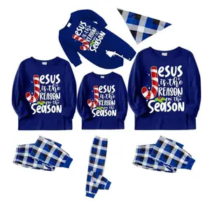 2pcs Christmas pajamas family set for surprise PJ party, plaid loose pants lounge wear, lollipop Jesus white letter print crew neck pullover family matching long sleeve sleepwear, perfect for holiday photos & family gatherings, includes dog bandana