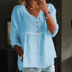 Womens Short Sleeve Babydoll Tops Lace Trim V Neck Cotton Tunic Shirts for Women 2026 Summer Spring Blouse