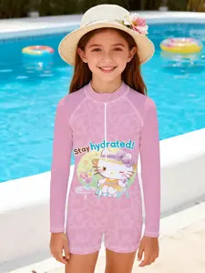 Girls' one-piece swimsuit "Playful Leopard Print Hello Kitty Style" - pink background with leopard print sweetheart patterns, a sun-protective swimsuit that's both sweet, cool and cute, instantly enhancing the summer water fun atmosphere.
