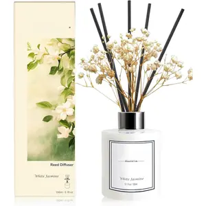 Flower Reed Diffuser Set,5.1 fl oz White Jasmine Scent Diffuser with Sticks   Reed Diffuser with Essential Oil for Bathroom Shelf Decor&Air Freshener, Bathroom Office Decor