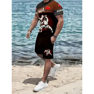 Two sets European and American men 3D printed pattern suit short sleeve shorts Clothes Fabric