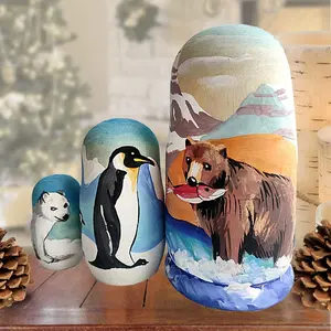 Fisherman Bear Matreshka Nesting Hand-Painted Doll Set of 3 by G. DeBrekht - Coastal Holiday Décor - 14775