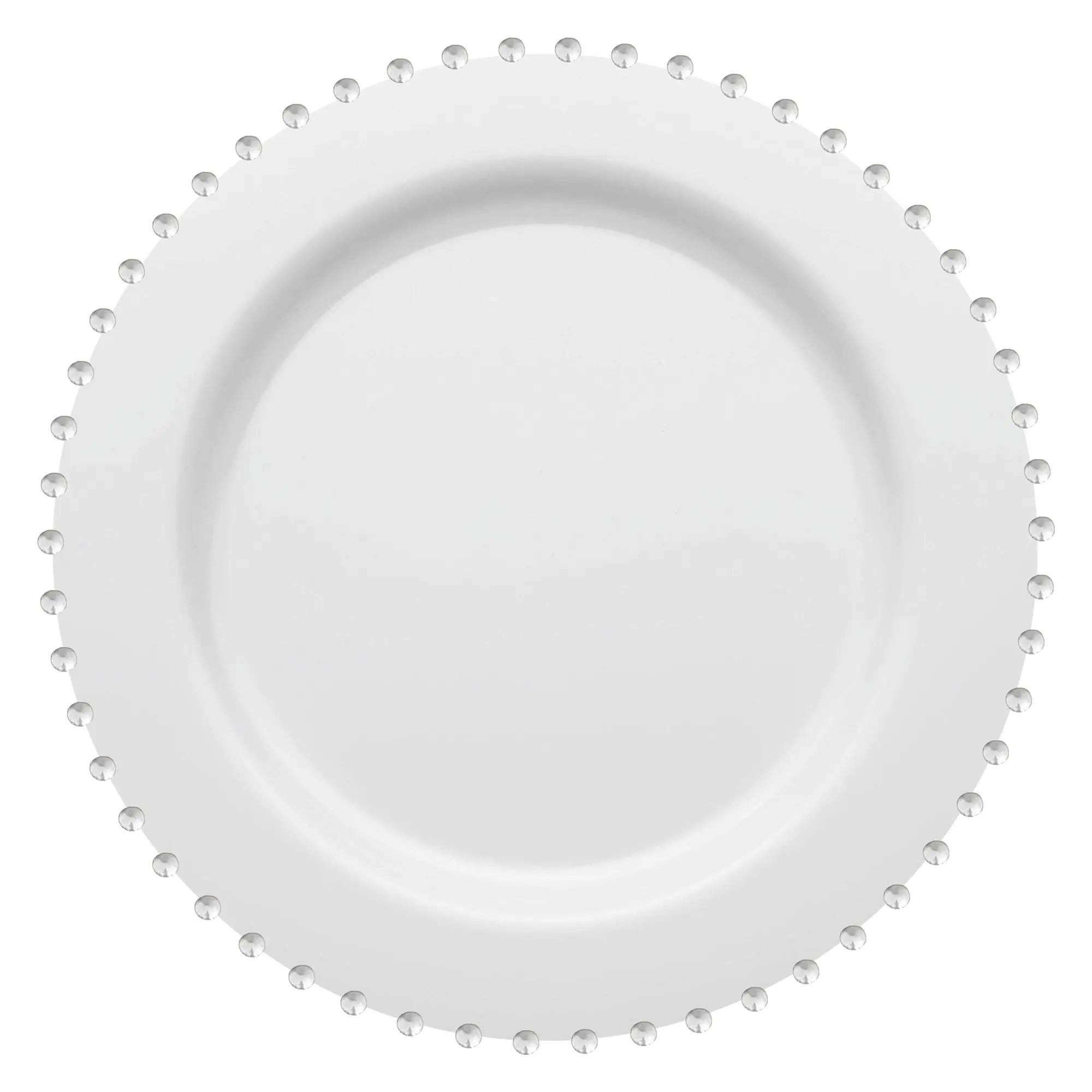 White with Silver Pearl String Round Disposable Plastic Dinner Plates (10”)