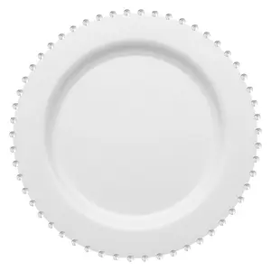 White with Silver Pearl String Round Disposable Plastic Dinner Plates (10”)