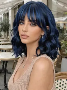 Short Bob Wavy Wigs for Women, Wave with Bangs, 14 Inch Curly Wig with Bangs, Synthetic Shoulder Length Bob Hair Style, Halloween & Cosplay, Daily Wear, Synthetic Hairpieces