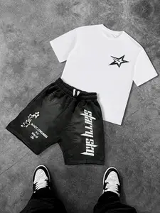 Two-Piece Set Men's Star Print Short Sleeve Tee & Drawstring Waist Shorts Set, Regular Fit Casual Round Neck T-shirt & Track Shorts, Men's Summer Clothes