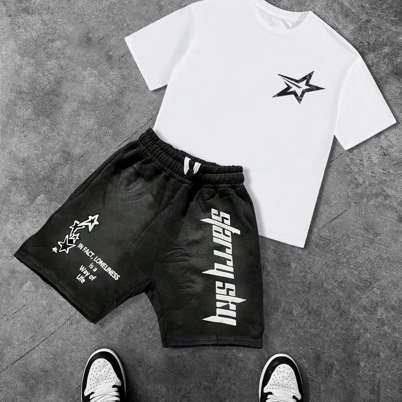 Two-Piece Set Men's Star Print Knit Breathable Short Sleeve Tee & Drawstring Waist Shorts Set, Regular Fit Casual Round Neck T-shirt & Track Shorts, Men's Summer Clothes Menswear Outfits