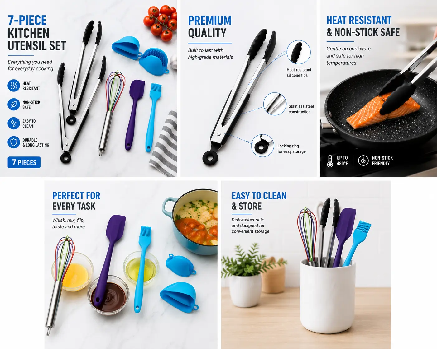 7-Piece Silicone Cooking Utensil Set – Tongs, Whisk, Spatula, Brush & Heat Resistant Oven Mitts, Ship Next Day Out of NY.