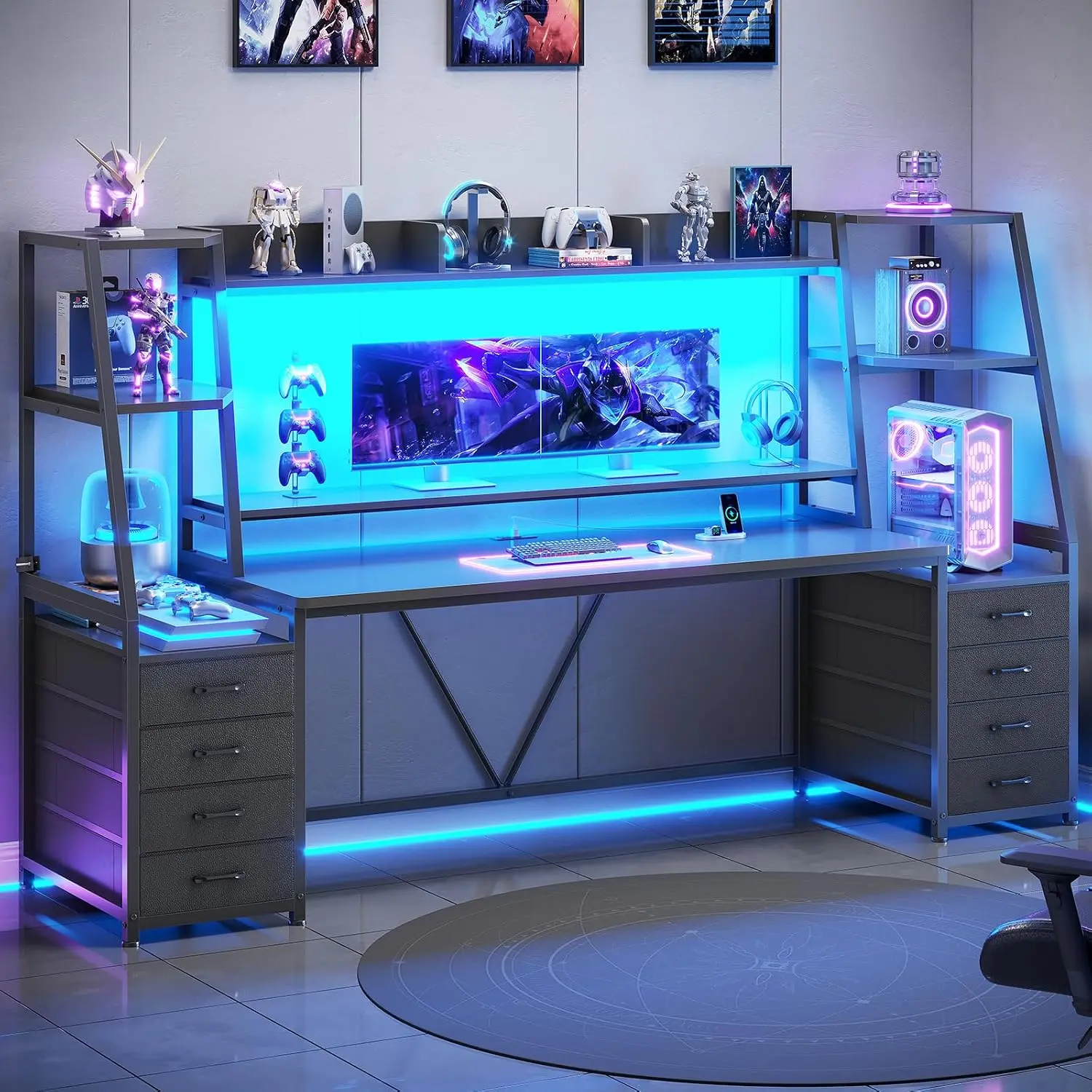 SEDETA | 78.7 Inch Gaming Desk with LED Lights Storage Shelves Computer Desk with 8 Drawers Monitor Stand Ergonomic Gaming Table with Hutch