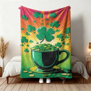 Soft Four-Leaf Clover Print Blanket, Flannel Throw Blanket, Cozy Knitted Blanket for Home Office Travel Camping