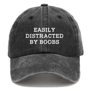 Washed Baseball EASILY DISTRACTED BY BOOBS Print Hat Retro Adjustable Dad Hats Gift for Men/Women, Unstructured/Cotton