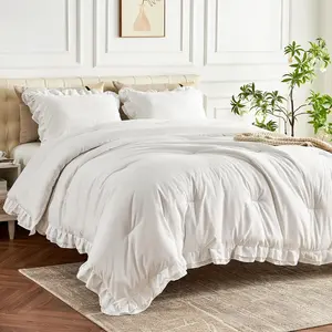 Pure White Ruffle Comforter Set Full Size, 3 Pieces Rustic Vintage Farmhouse Bedding Sets, All Season Soft Lightweight Comforter Sets for Full Bed