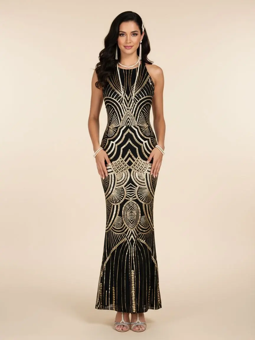 1920s sequin backless formal dress Queendancer Women Black Ivory Sheath 1920s Formal Party Dress Backless  Vintage Party Dress – queendancer main image 0