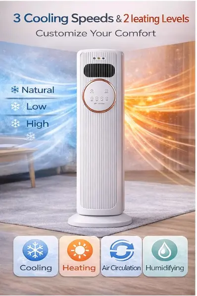 Bladeless Tower Fan - 4-in-1 Plug-Powered Plastic Brushless Home Appliance with Cool, Heat, Humidify, Air Circulation, Remote Control, Low Noise, Portability, All Seasons Indoor Use for Living Room, Study Desk, Home Cooling Solutions