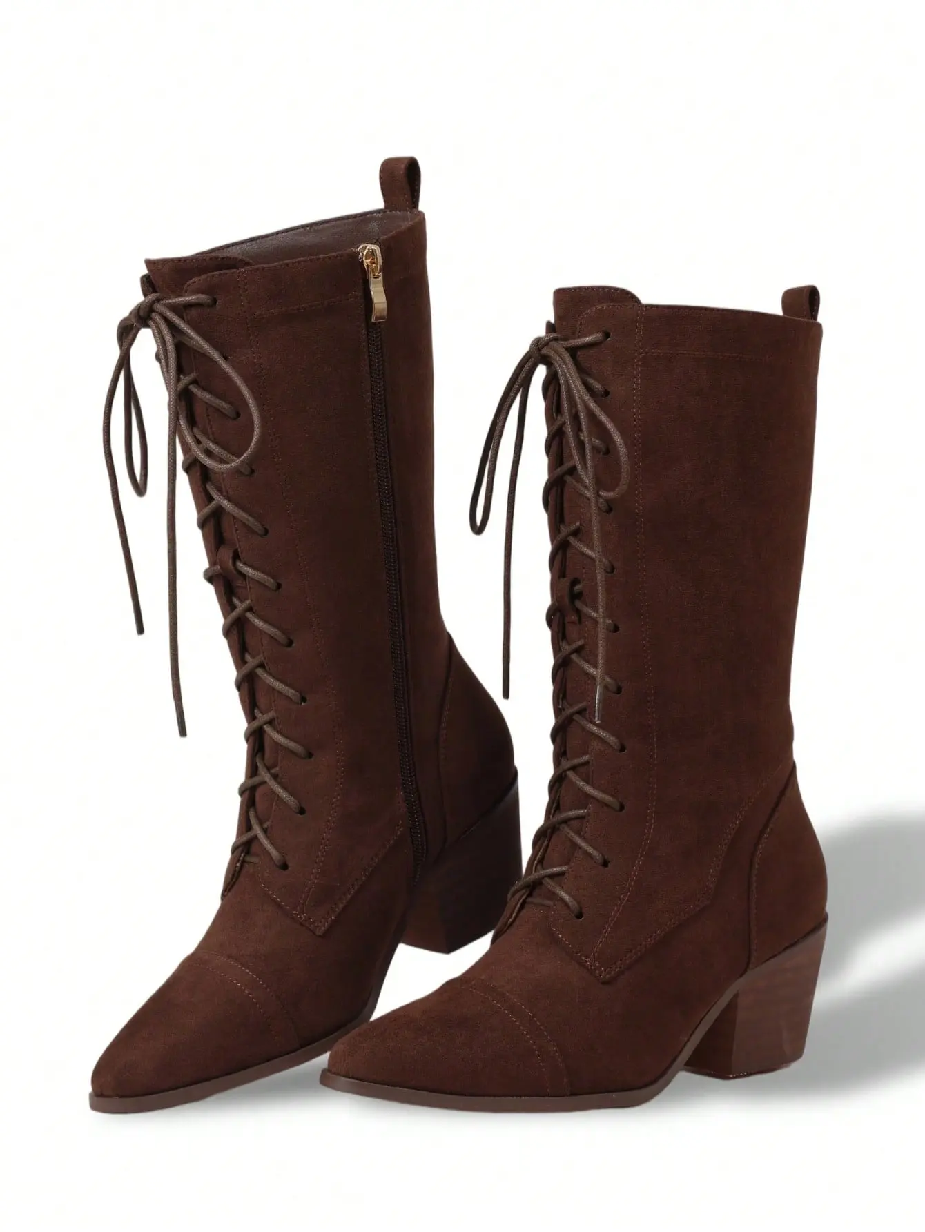 Womens Mid Calf Boots Victorian Style Granny Boot Pointed Toe Chunky Block Heel Side Zipper LaceUp Easy Pull on Comfy Outdoor Clubbing Event Office Casual Steampunk Gothic Combat Summer Biker Dressy Shoes