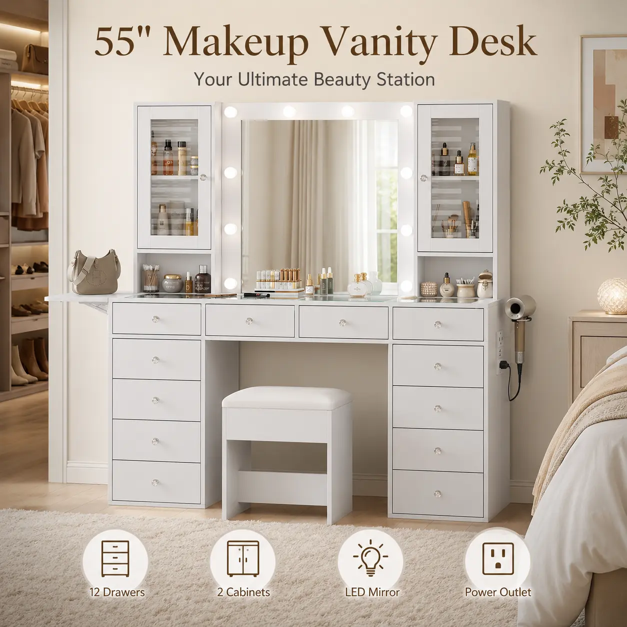 55" Makeup Vanity with Mirror and Lights, Glass Top Vanity Table for Women, Vanity Set with Power Outlet, 12 Drawers, 2 Cabinets, Side Extension and Stool