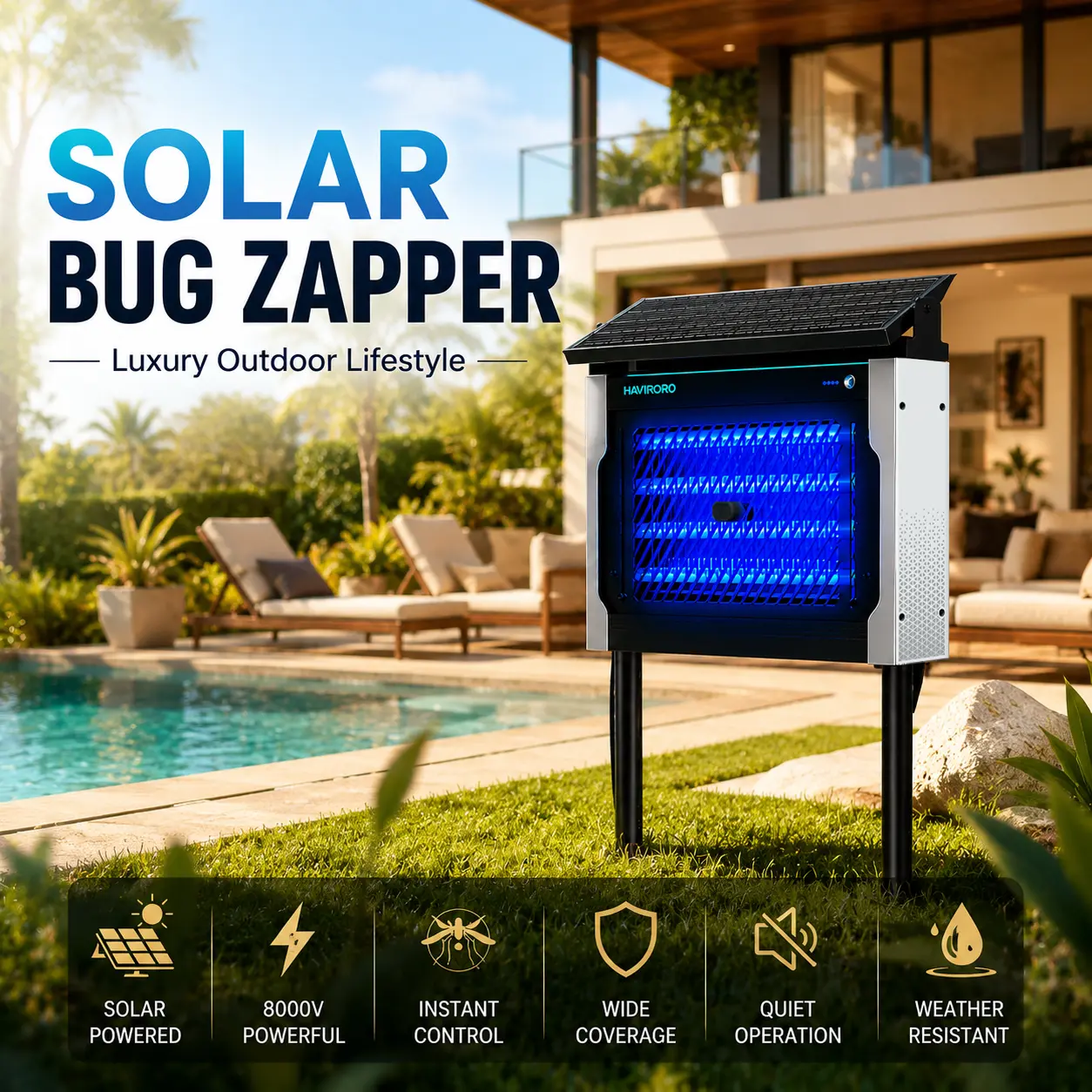 HAVIRORO 8000V Solar Bug Zapper Outdoor, IP67 Waterproof Cordless Mosquito Killer with RemovableTray, Auto On/Off Dusk-to-Dawn Sensor, Rechargeable USB & Solar Powered Electric Fly Trap, Portable Insect Zapper for Patio Backyard Garage Yard Camping Travel