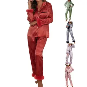 Women’s Striped Valentine’s Day Satin Silk Pajama Set with Fur Trim, 2-Piece Sleepwear PJ Set — Button-Down Top and Pants, Loungewear