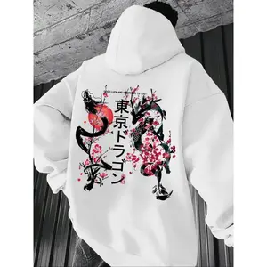 Men's Casual Loose-Fit Hooded Sweatshirt with Floral Dragon Print, Thick Fleece Pullover for Fall & Winter Outdoor Wear