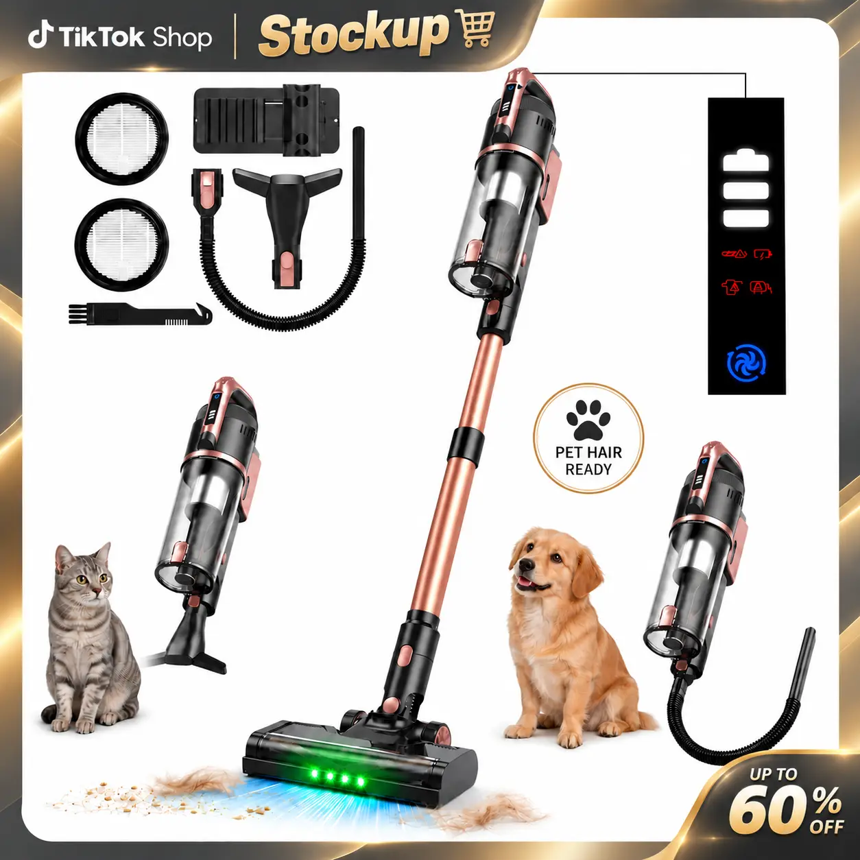 2026 Newly Upgraded V15 Cordless Portable Vacuum Cleaner for Pet Hair, 26Kpa Suction , Up to 50 Min Runtime, Self-Standing and Handheld Lightweight Vacuum with Anti-Tangle Brush, Removable Battery & LED Display for Carpet and Hard Floors