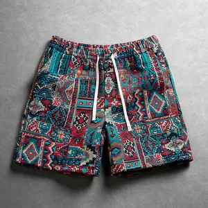 Retro printed shorts, casual bohemian geometric pattern drawstring streetwear shorts Man
