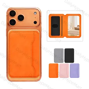 Flip Magnetic Card Holder with Mirror for iPhone Android, 2 Card Slots