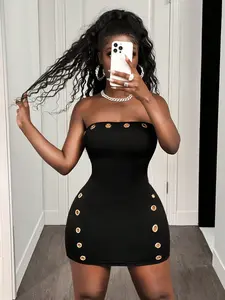 Black strapless bodycon dress with metal eyelet decor, Y2K hot girl Trend style, perfect for parties, daily outings, nightclubs, dates, music festivals and other occasions, Womenswear