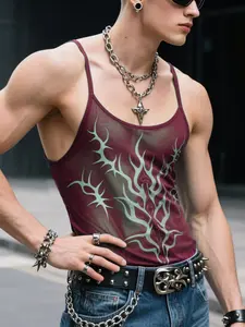 INCERUN Men's Fashion Sexy Mesh Print Vest, Micro-Transparent Backless Top, Summer Streetwear, Casual Wear, Comfortable and Stylish
