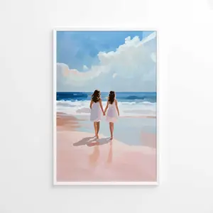 Brunette Sisters Art, Coastal Wall Print, Summer Beach Poster, Seashore Decor, Pastel Ocean Art, Beach House Printable, Nature Art Printable