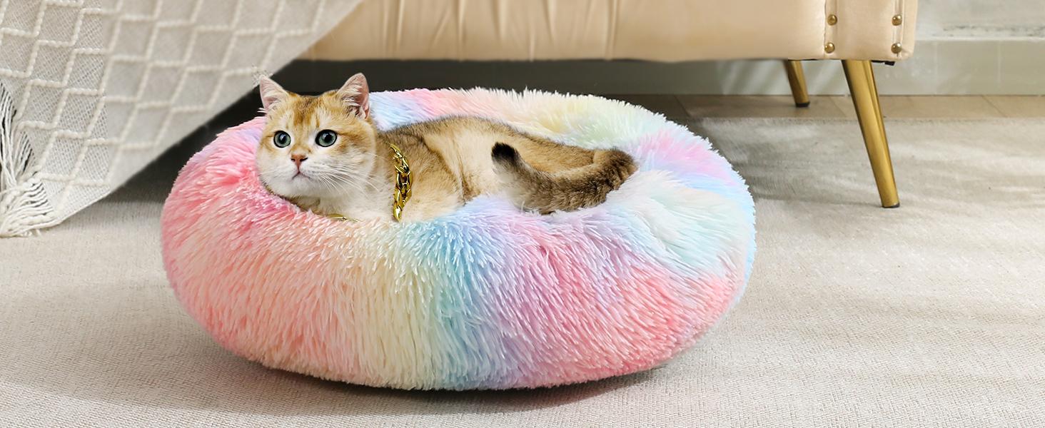JOLLYVOGUE Small Dog Bed, Calming Soft Anti-Anxiety Donut Cat Bed, Washable Round Fluffy Cushion for Small and Medium Pets (20")