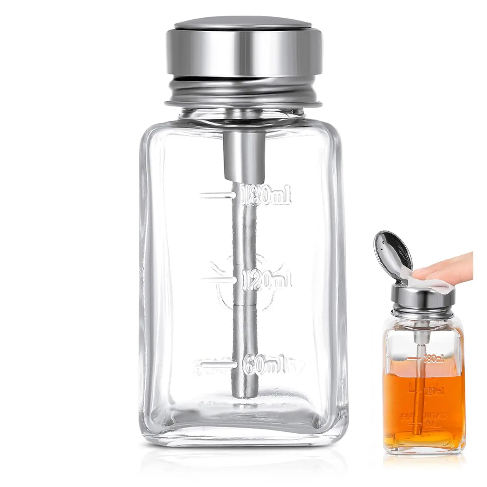 Runser Glass Push Down Pump Dispenser, 6oz/180ml, Leak-Proof, Refillable, Clear, Cylindrical, for Acetone, Nail Polish Remover, Essential Oils