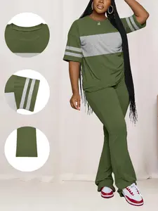 Striped Patchwork Loose T-Shirt & High Waist Bell Pants Casual Set, Two-Piece for Spring Summer Commuting Dating City Walk